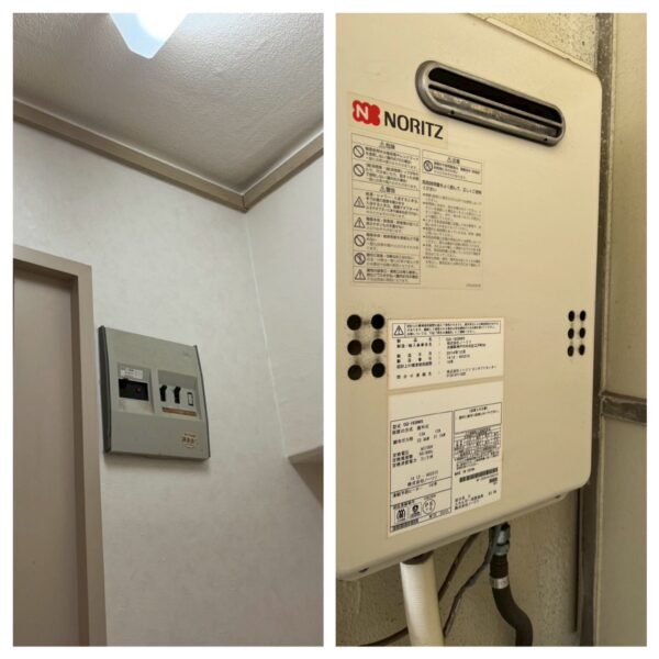大阪市北区1DKマンションの施工前、交換予定の古い分電盤と給湯器のBefore写真